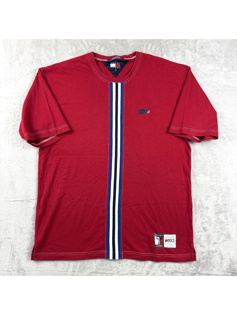 Vintage Tommy Jeans Men XL Red T Shirt Logo Stripe Flag Logo 90s Y2K Streetwear